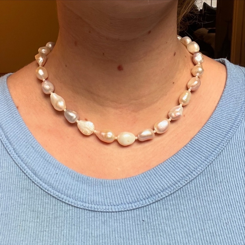 Natural baroque pearl choker necklace on silk cord with sterling silver hardware